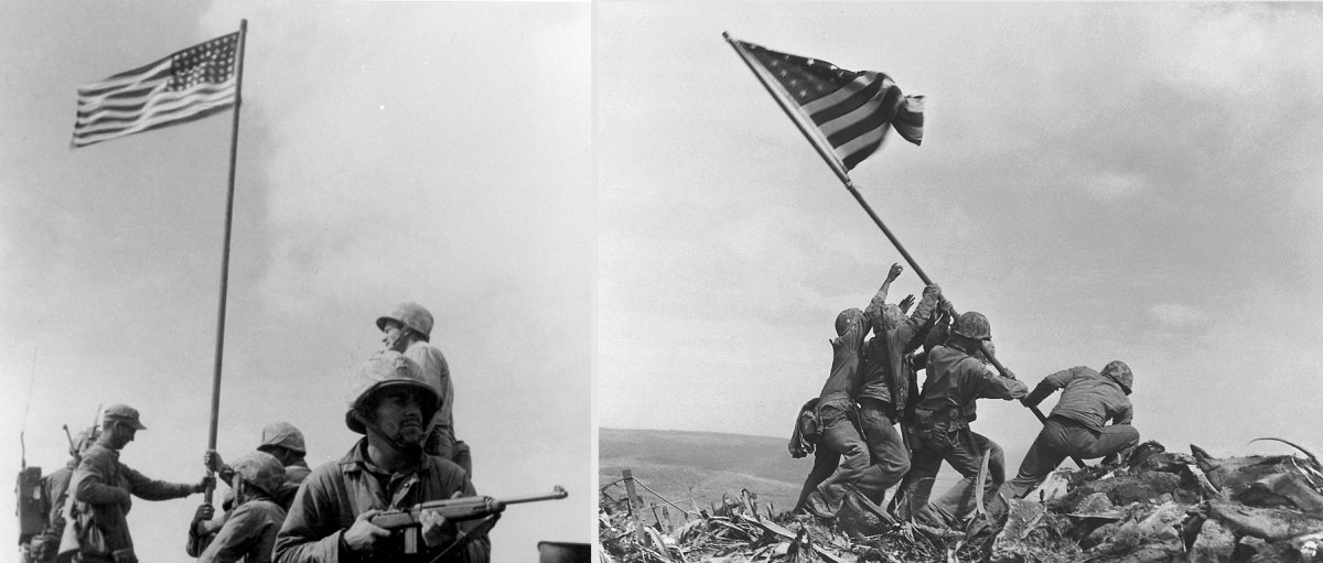 First flag raising (left) and the second raising photographed by Rosenthal