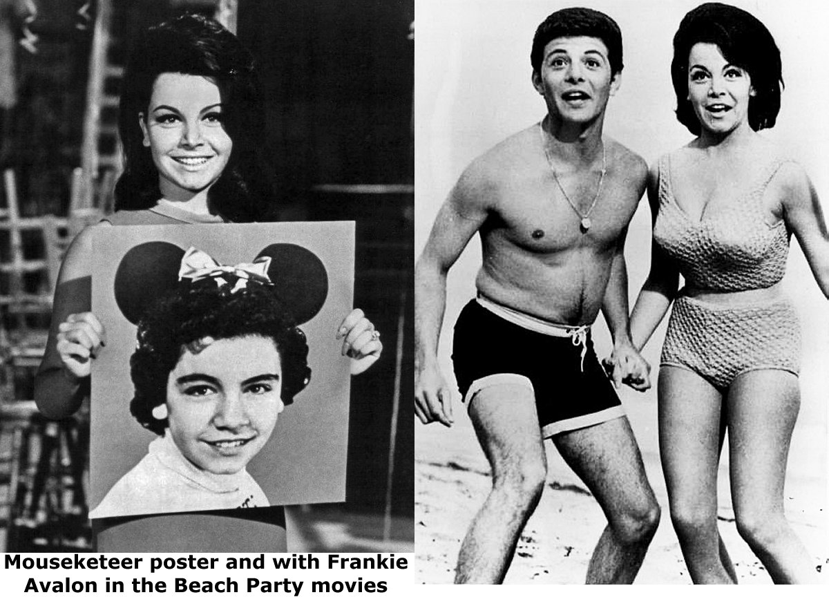 Funicello with Mouseketeer poster and with Frankie Avalon in the Beach Party movies