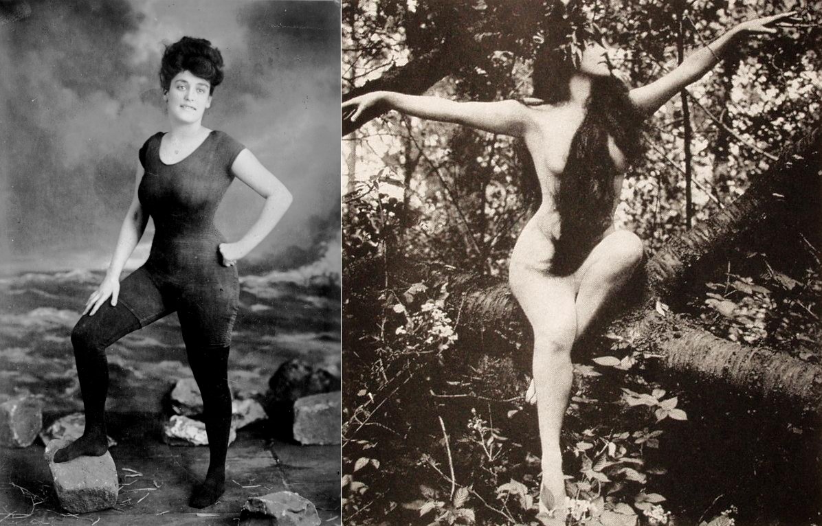 Kellerman in her one-piece swimsuit (left) and in a scene from A Daughter of the Gods