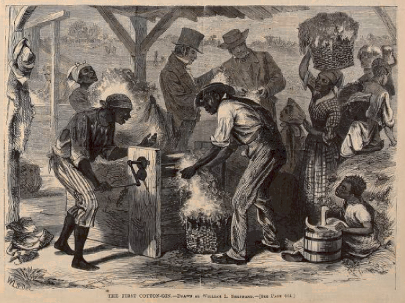 Slaves operating the first cotton gin