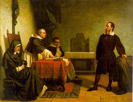 Galileo facing the Inquisition for his belief the Earth revolves around the Sun