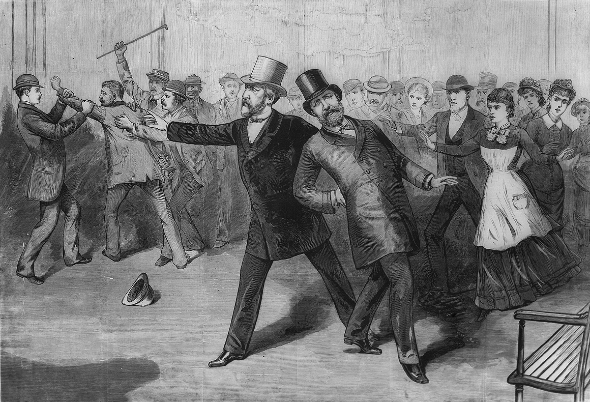 Garfield (center right) leaning after being shot