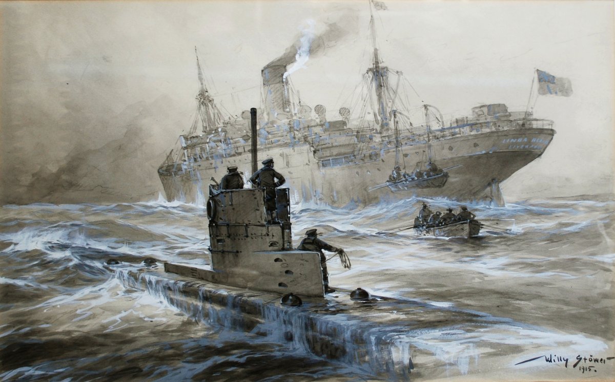 German submarine sinking a British ship, by Willy Stöwer