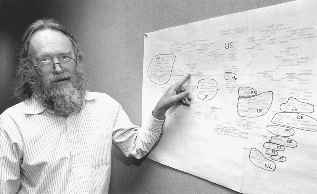 Postel with hand-drawn map of Internet top-level domains