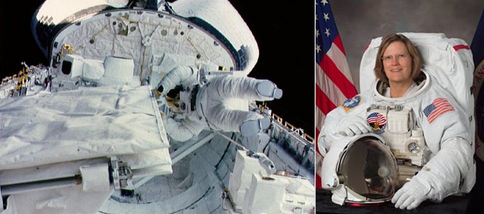 Sullivan walking in space to check an antenna (left) and Sullivan in spacesuit