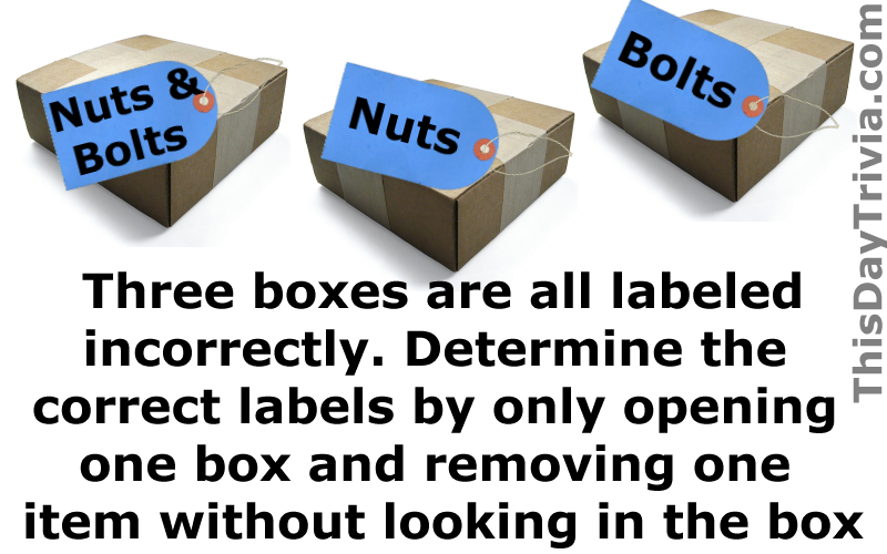 Three boxes are all labeled incorrectly. Determine the correct labels by only opening one box and removing one item without looking in the box.