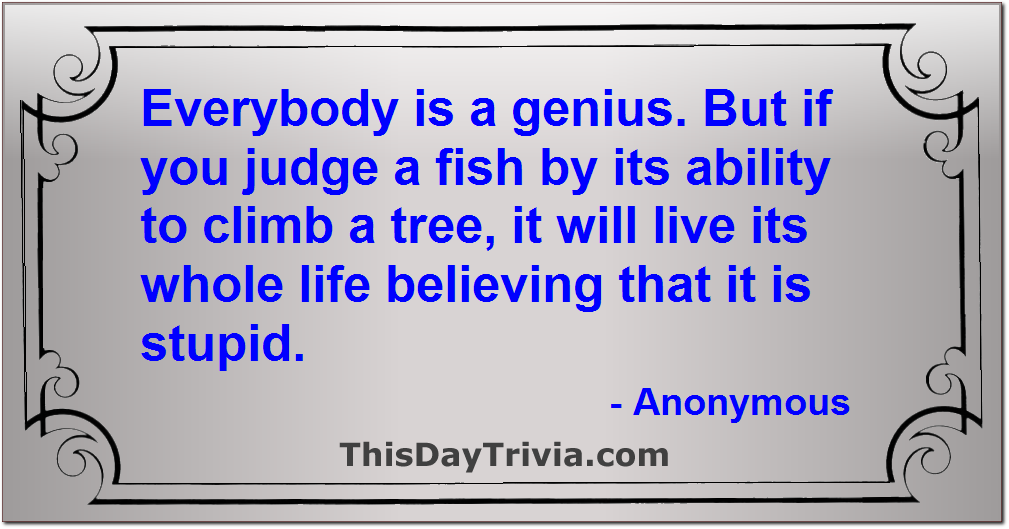 Quote: Everybody is a genius. But if you judge a fish by its ability to climb a tree, it will live its whole life believing that it is stupid. - Anonymous