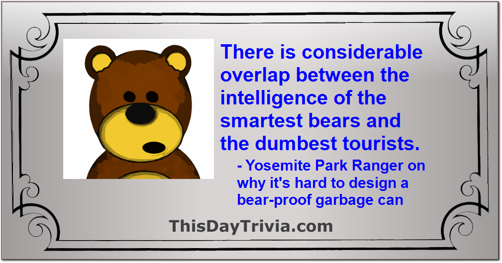 Quote: There is considerable overlap between the intelligence of the smartest bears and the dumbest tourists. - Yosemite Park Ranger on why it's hard to design a bear-proof garbage can