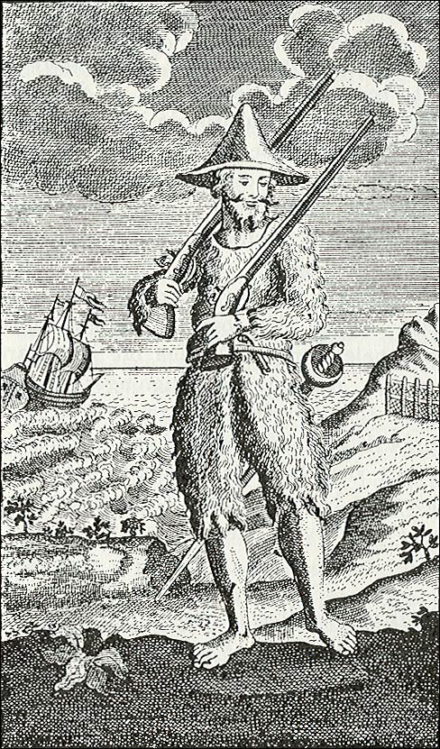 Illustration of Crusoe in goatskin clothing shows the influence of Selkirk