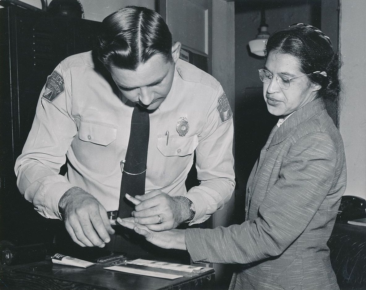 Rosa Parks being fingerprinted after her arrest during the bus boycotts