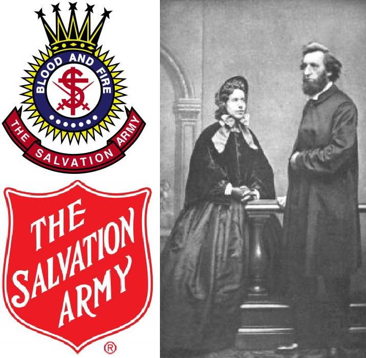Salvation Army logos past and present and founders William and Catherine Booth