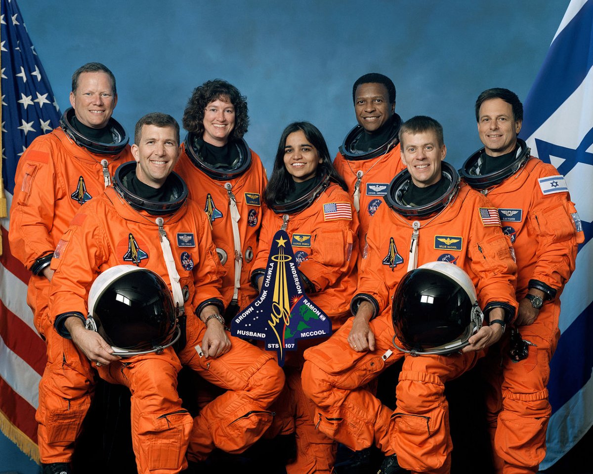 Crew of the Space Shuttle Columbia - left to right: David Brown, commander Rick Husband, Laurel Clark, Kalpana Chawla, Michael Anderson, William McCool, Ilan Ramon