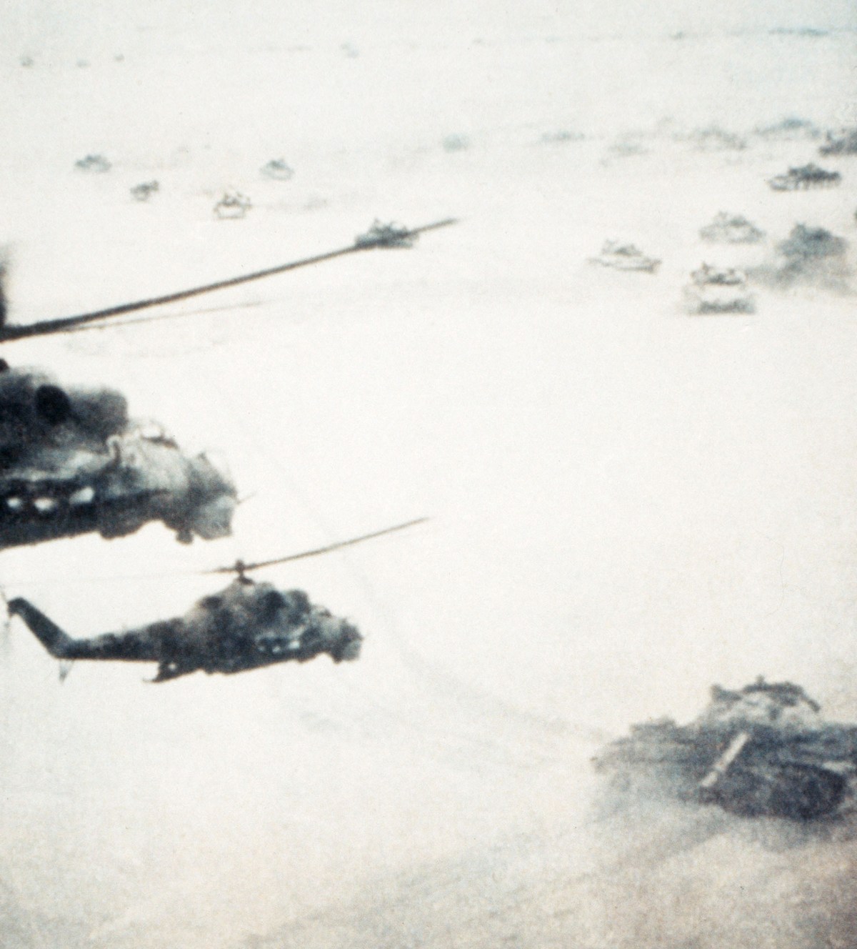 Soviet helicopters and tanks fighting the Mujahideen in Afghanistan