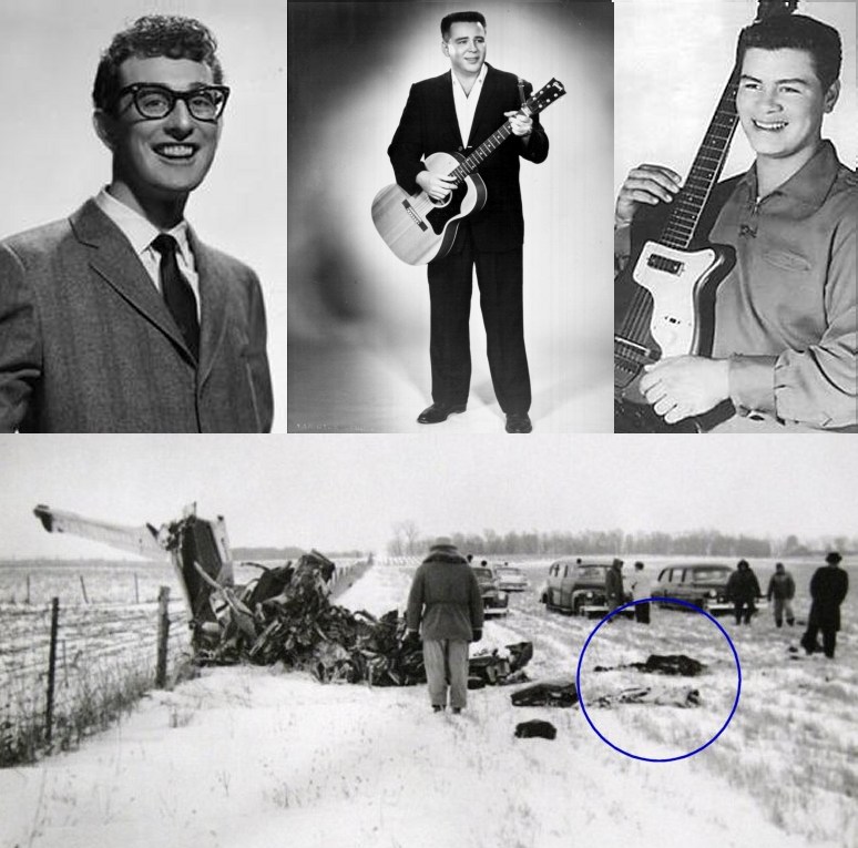 Ritchie Valens (dark overcoat) and Buddy Holly (lighter overcoat)