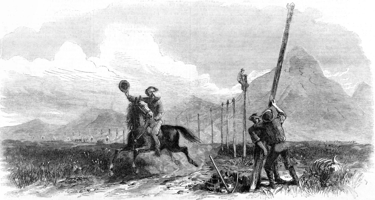 Construction of the first transcontinental telegraph, with a Pony Express rider passing below