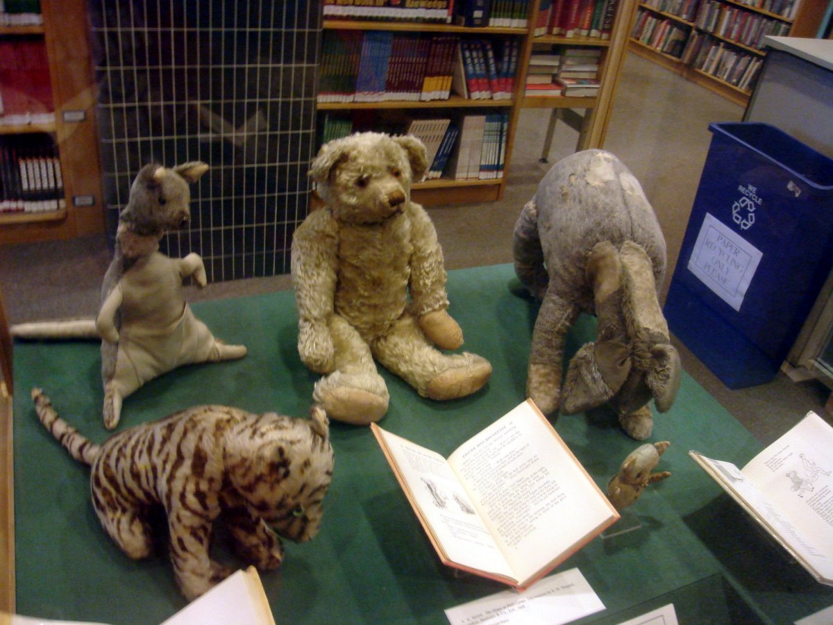 Original Winnie-the-Pooh stuffed toys. Tigger, Kanga, Winnie-the-Pooh, Eeyore, and Piglet