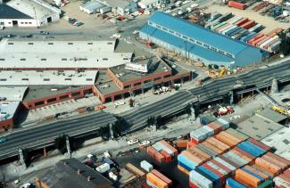 Collapsed double-decker freeway in Oakland, California