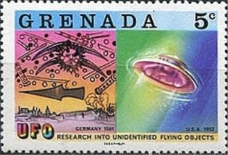 Adamski's photo of alien ship featured on a Grenada stamp (right)