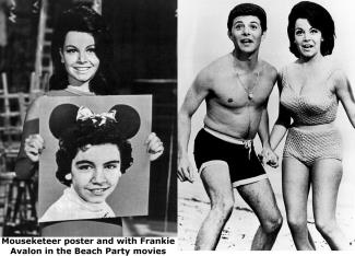 Funicello with Mouseketeer poster and with Frankie Avalon in the Beach Party movies