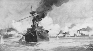 Painting Battle of Manila Bay by W. G. Wood, showing the Reina Cristina (foreground) in action against Dewey's squadron