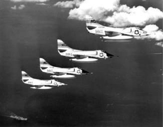 Douglas A-4 Skyhawks flying sorties over combat areas during the invasion