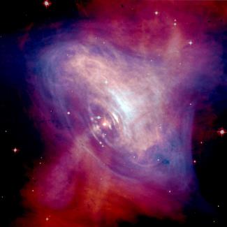 Crab Nebula, showing synchrotron emission in the surrounding pulsar wind nebula