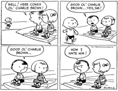 First Peanuts comic strip, featuring Charlie Brown, Shermy, and Patty