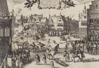 Fawkes and members of the Gunpowder Plot being hanged, drawn, and quartered