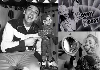 Buffalo Bob with the second Howdy Doody (left), the original Howdy Doody (top right), and after "plastic surgery"