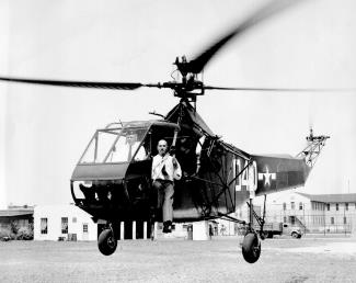 Sikorsky and an R-4 helicopter (1944)
