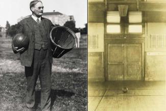 Naismith and the original 1891 "Basket Ball" court