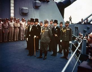 Representatives of the Empire of Japan on board USS Missouri during surrender ceremonies