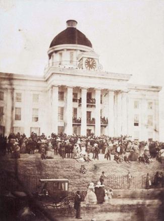 Jefferson Davis is sworn in as President of the Confederate States on the steps of the Alabama State Capitol