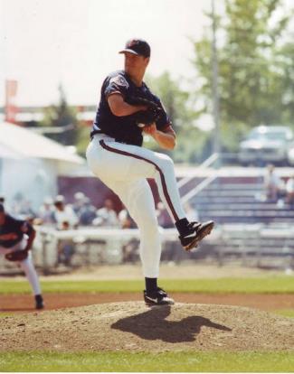 Abbot pitching for the Calgary Cannons minor league team