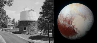 Lowell Observatory (1933) and NASA photo of Pluto (2015)