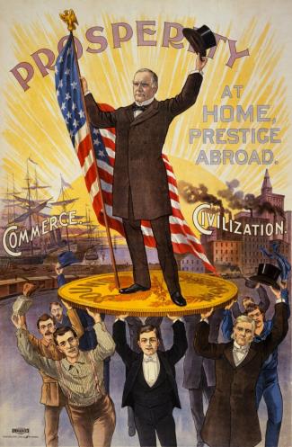 1900 reelection poster with McKinley standing tall on the gold standard