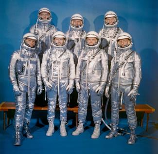 Front row, left to right: Walter Schirra, "Deke" Slayton, John Glenn, and Scott Carpenter; back row, Alan Shepard, Virgil "Gus" Grissom, and Gordon Cooper