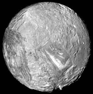 Miranda as seen by Voyager 2 in 1986