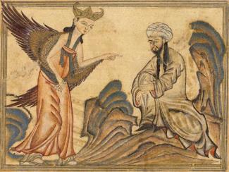 Muhammad receiving his first revelation from the angel Gabriel
