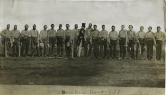 The 1858 New York Knickerbockers (left) posing with their rivals