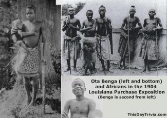 Ota Benga (left and bottom) and Africans in the 1904 Louisiana Purchase Exposition