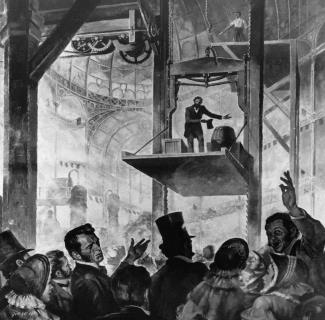 Otis demonstrating his elevator at the New York exposition