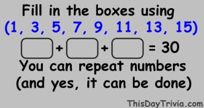 Fill in the boxes using (1, 3, 5, 7, 9, 11, 13, 15)