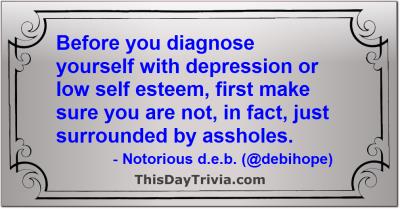 Quote: Before you diagnose yourself with depression or low self esteem, first make sure you are not, in fact, just surrounded by assholes. - Notorious d.e.b. (@debihope)