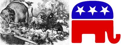 1874 Nast cartoon featuring the Republican elephant and modern logo