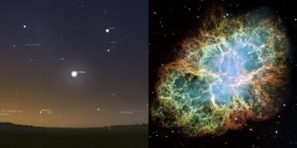 As it would have appeared to Chinese astronomers in 1054 (left) and how it appears now via telescope as the Crab Nebula