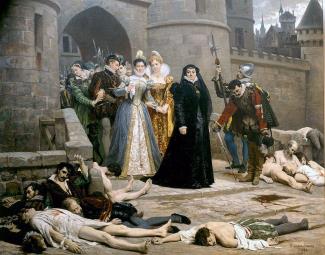 Catherine de Medici gazing at massacred Protestants