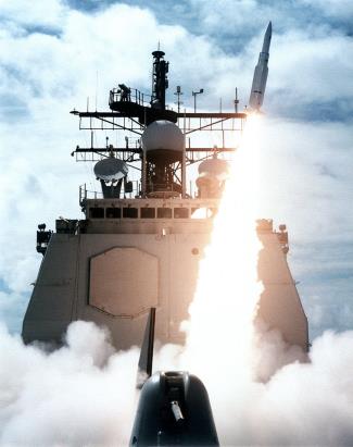 USS VINCENNES launching a missile from its deck