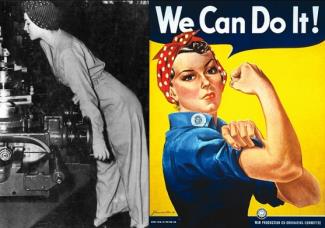 Naomi operating lathe (left) and the "We Can Do It!" poster