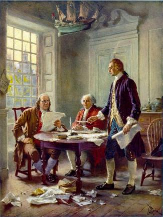 Benjamin Franklin (left), John Adams (center), and Thomas Jefferson (right) reviewing a draft of the Declaration of Independence